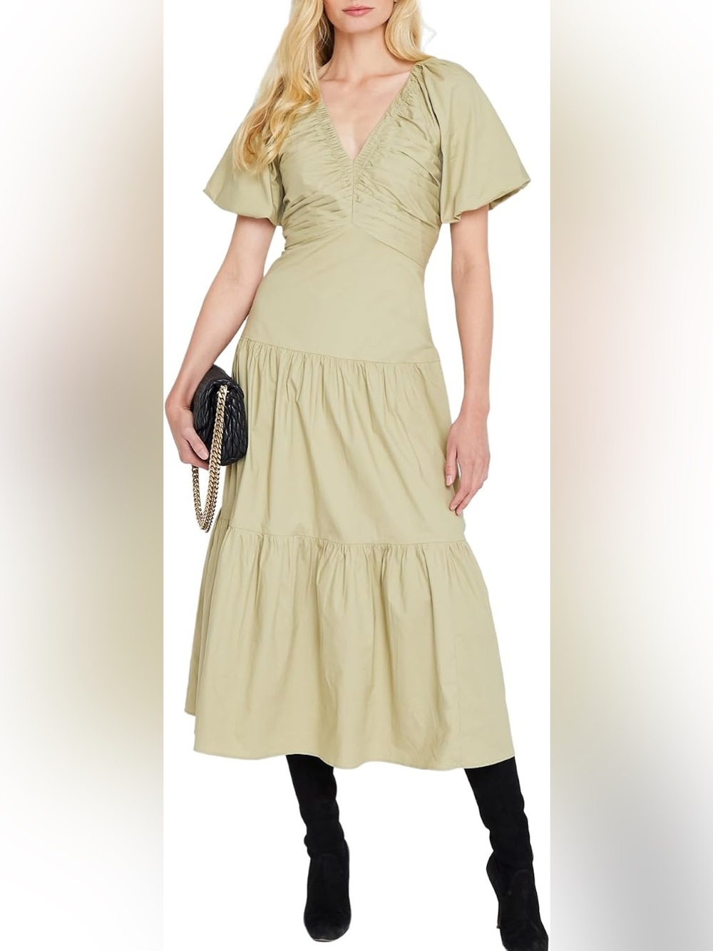 NWT Club Monaco Puff Sleeve V Neckline Beige Tiered Midi Dress